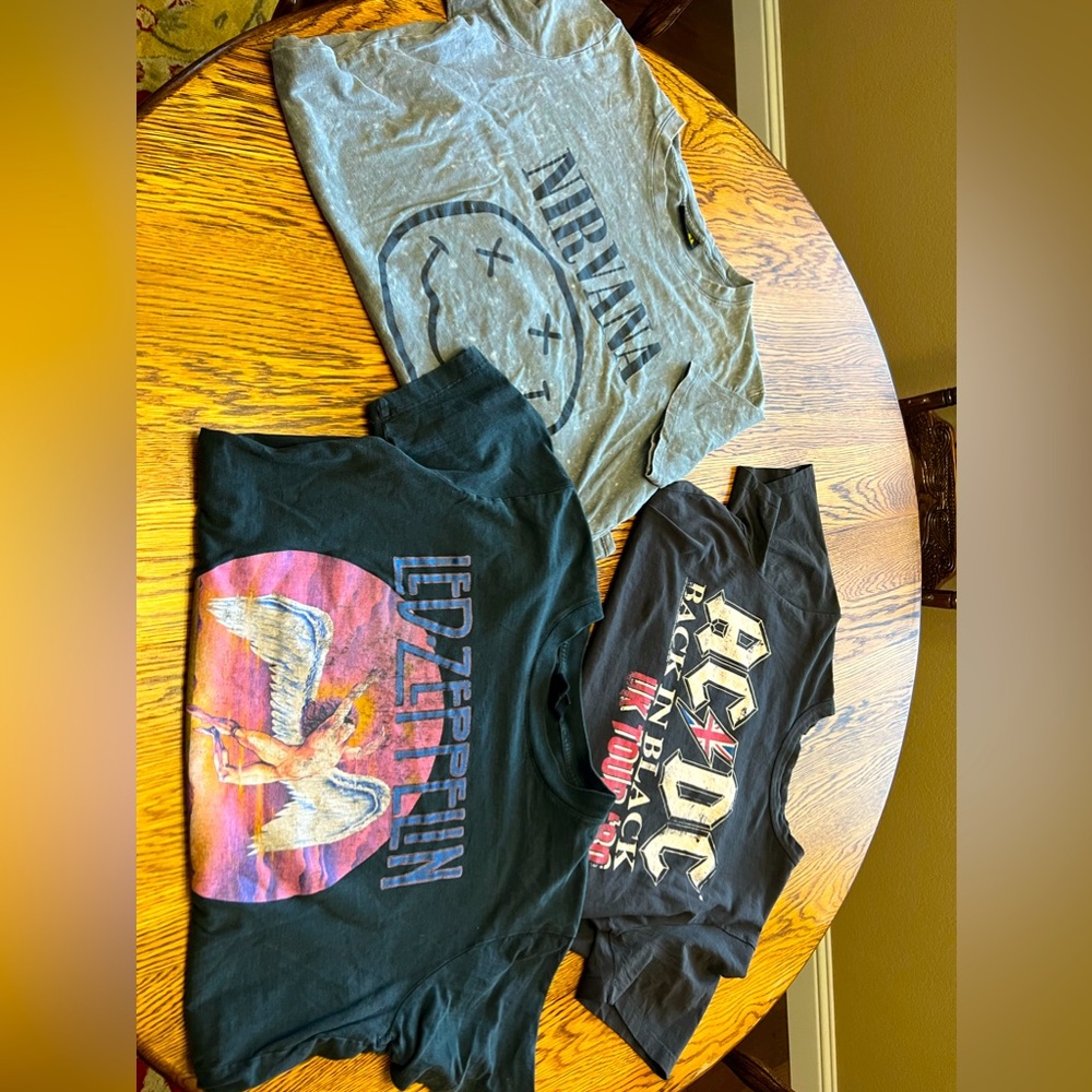 Lot of 3 bundle bank t shirts AC/DC nirvana Led Zeppelin woman’s men’s unisex Lg